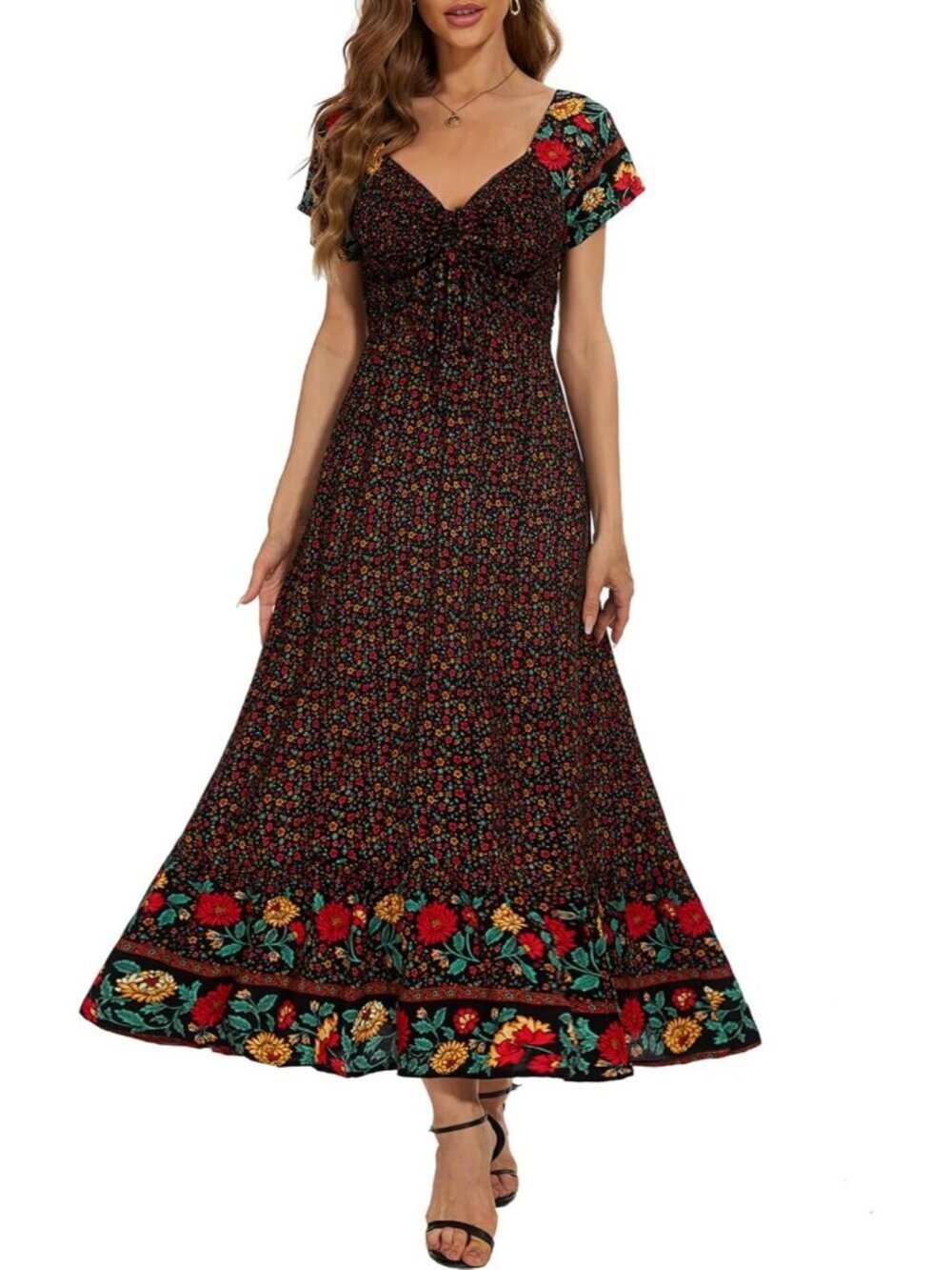 Women's Black Red Flower Flowy Ruffled Beach Short Lightweight Maxi Dress